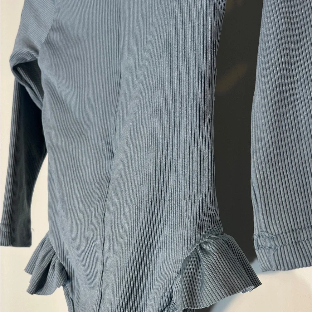 Girls Gray Blue Long Sleeve Swimsuit with Ruffle Detail